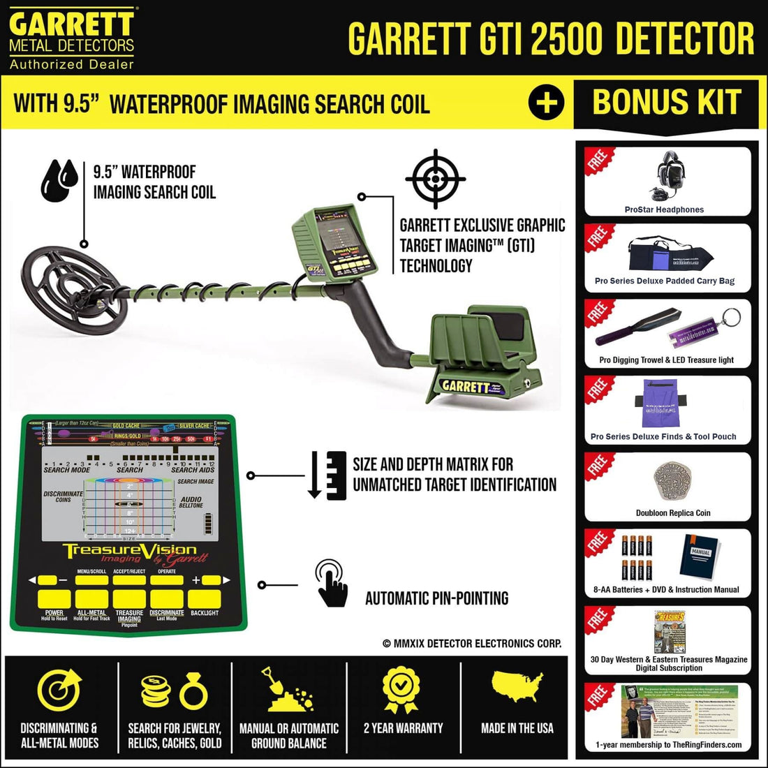 Garrett GTI 2500 Metal Detector with 9.5" Waterproof Imaging Search Coil + Bonus Pack 