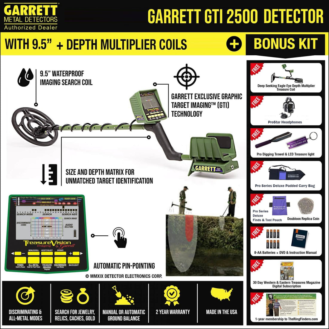 Garrett GTI 2500  Metal Detector with 9.5" Waterproof Imaging Search Coil + Eagle Eye Depth Multiplier + Bonus Pack