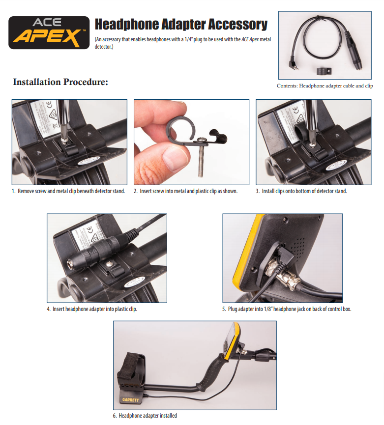 Garrett Ace Apex ¼" Headphone Adapter Accessory Installation Procedure