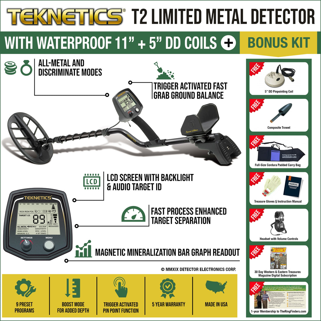 Teknetics T2 Limited Edition Metal Detector with Waterproof 11" + 5" DD Coils + Bonus Pack