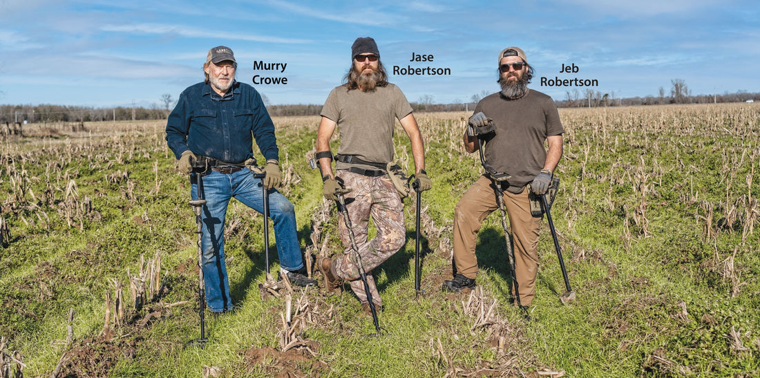 Pictured from left to right Murry Crowe, Jase Robertson and Jeb Robertson with the Garrett Jase Robertson Signature Edition Ace Apex Multi-Frequency weatherproof metal detector.