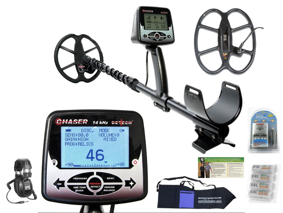 Detech Chaser Metal Detector with 12" x 10" and 9" SEF Butterfly Coil + Bonus Kit