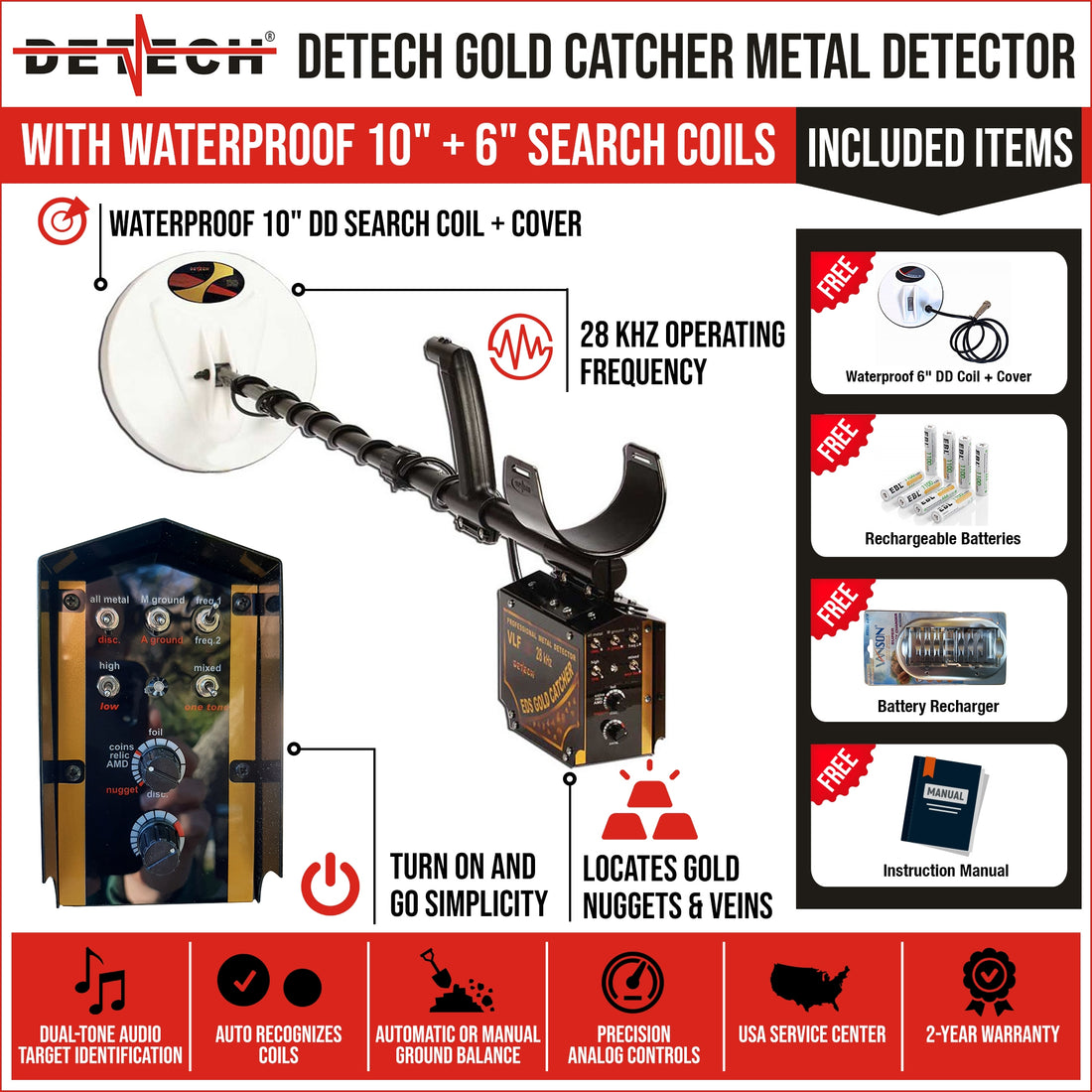 Detech EDS Gold Catcher with 6 x 6" and 10 x 10" Coils + Bonus Pack