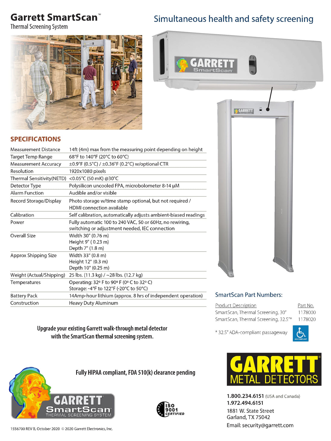 Garrett SmartScan 32.5" ADA Compliant Thermal Screening Add-On for PD 6500i and Multi Zone Specifications B