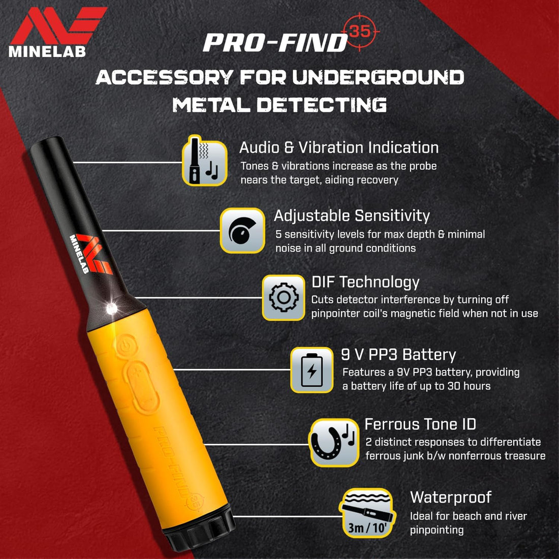 Minelab PRO-FIND 35 Waterproof Pinpointer Metal Detector for Experts with Tone ID & Adjustable Sensitivity (Built-in Flashlight, Holster & Lanyard Included)