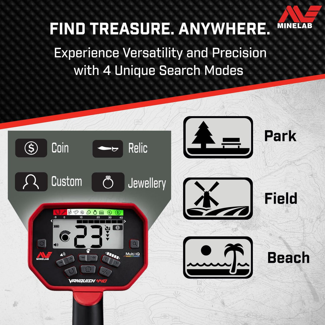 Minelab Vanquish 440 Multi-Frequency Pinpointing Metal Detector for Adults with V10 10"x7" Double-D Waterproof Coil (4 Detect Modes, Wired Headphones & Rain Cover Included)