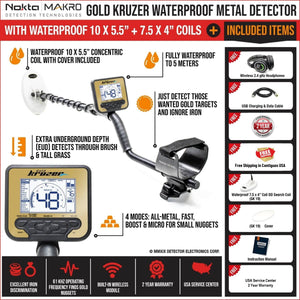 Makro Gold Kruzer Waterproof Metal Detector + Wireless Headphones + 2 Coils - See Included Items
