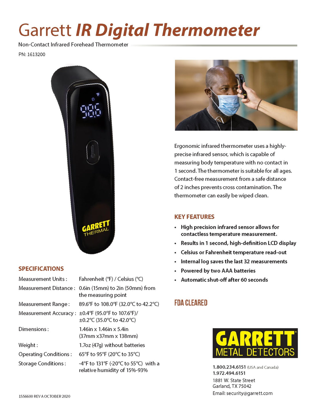 Garrett IR Digital Thermometer Non-Contact Infrared Forehead Thermometer Specifications