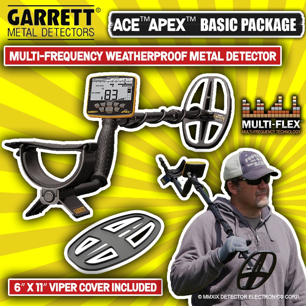 Garrett Ace Apex Simultaneous Multi-Frequency Weatherproof Metal Detector with Waterproof 6" x 11" DD Viper Searchcoil Basic Package