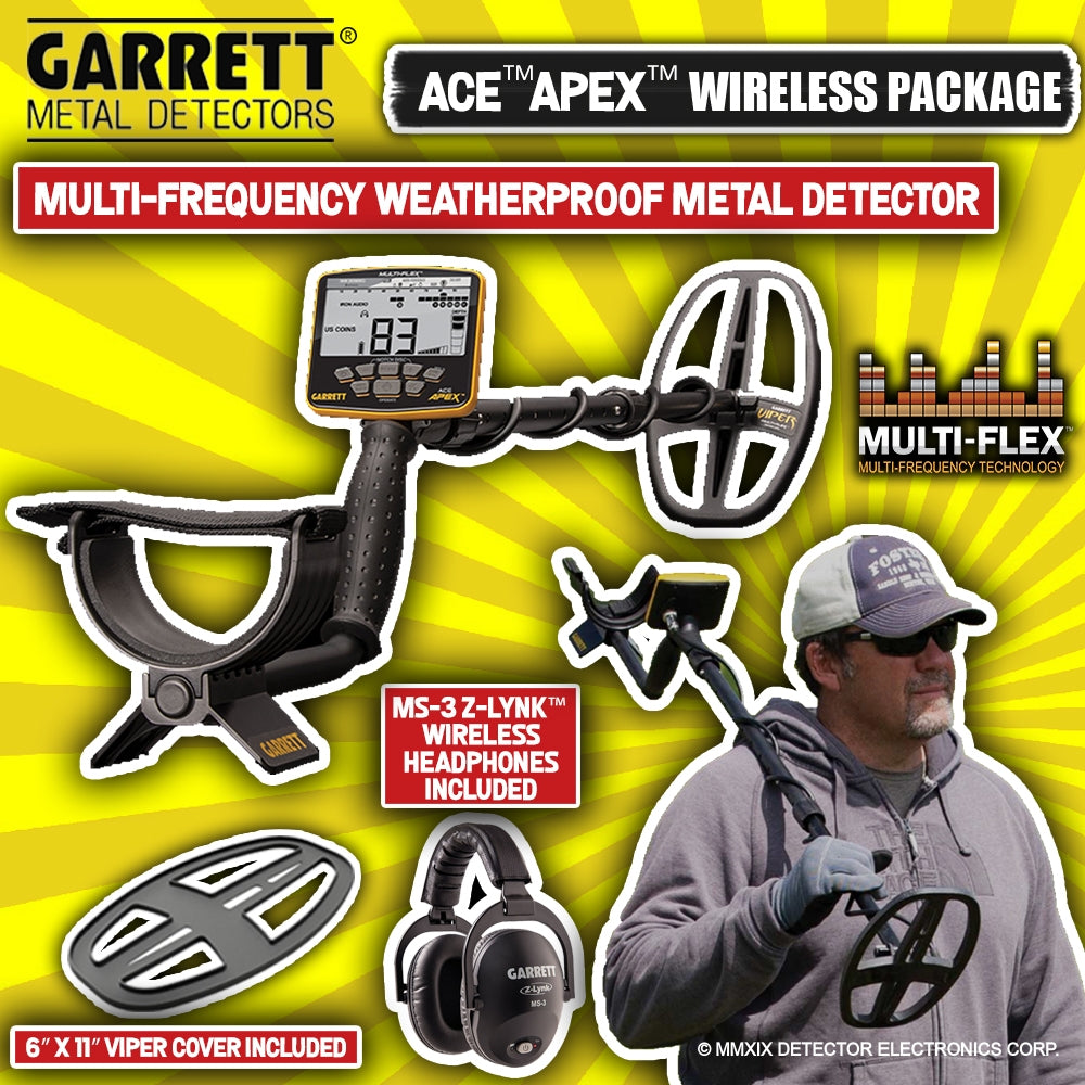Garrett Ace Apex Simultaneous Multi-Frequency Weatherproof Metal Detector with Waterproof 6" x 11" DD Viper Searchcoil Wireless Package Full View