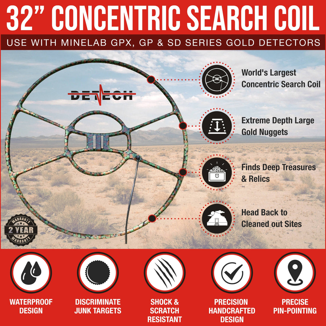 Detech 32" Concentric Search Coil for Minelab GPX, GP, SD Series Gold Detectors Product Features