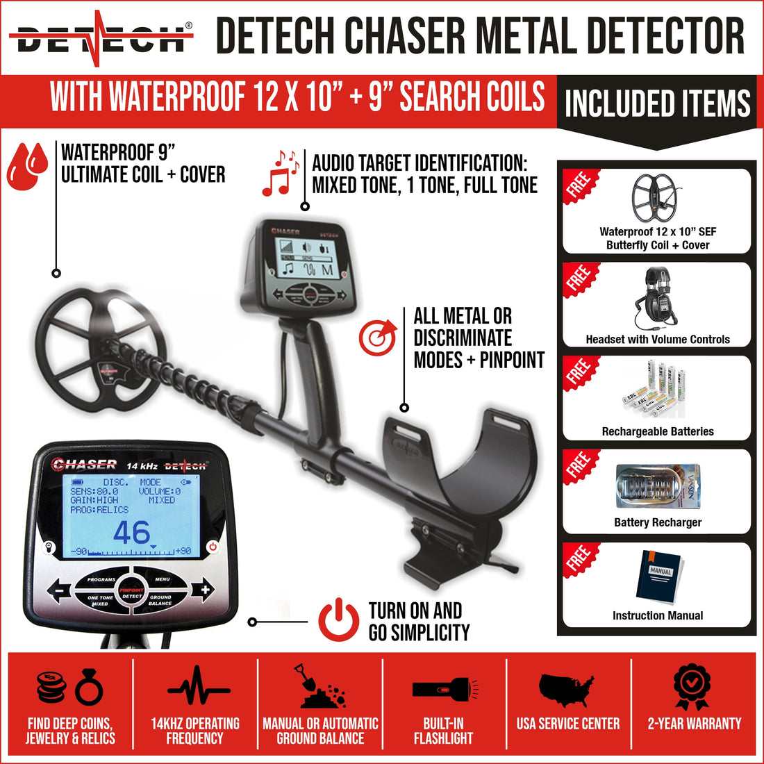 Detech Chaser Metal Detector with 12" x 10" SEF Butterfly Coil + 9" Ultimate Coil + Bonus Pack
