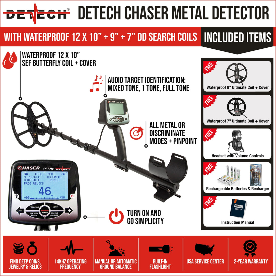 Detech Chaser Metal Detector with 12 x 10" SEF Butterfly Coil + 9" Ultimate Coil + 7" Ultimate Search Coils + Bonus Pack