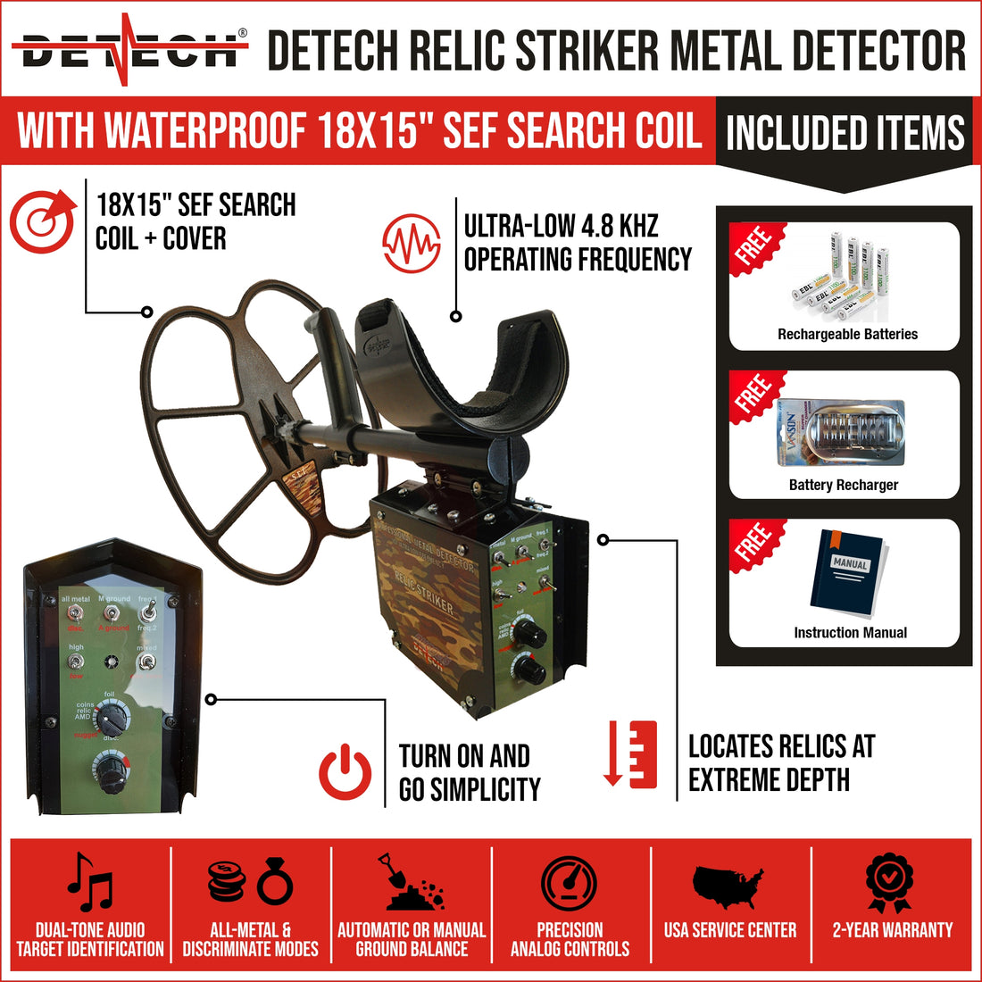 Detech Relic Striker Metal Detector with 18" x 15" SEF Butterfly Coil + Bonus Pack