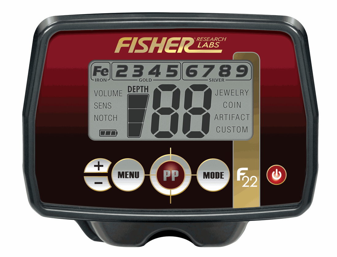Fisher F22 Weatherproof Metal Detector display