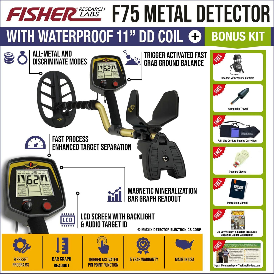 Fisher F75 Metal Detector with Waterproof 11" DD Coil + Bonus Pack