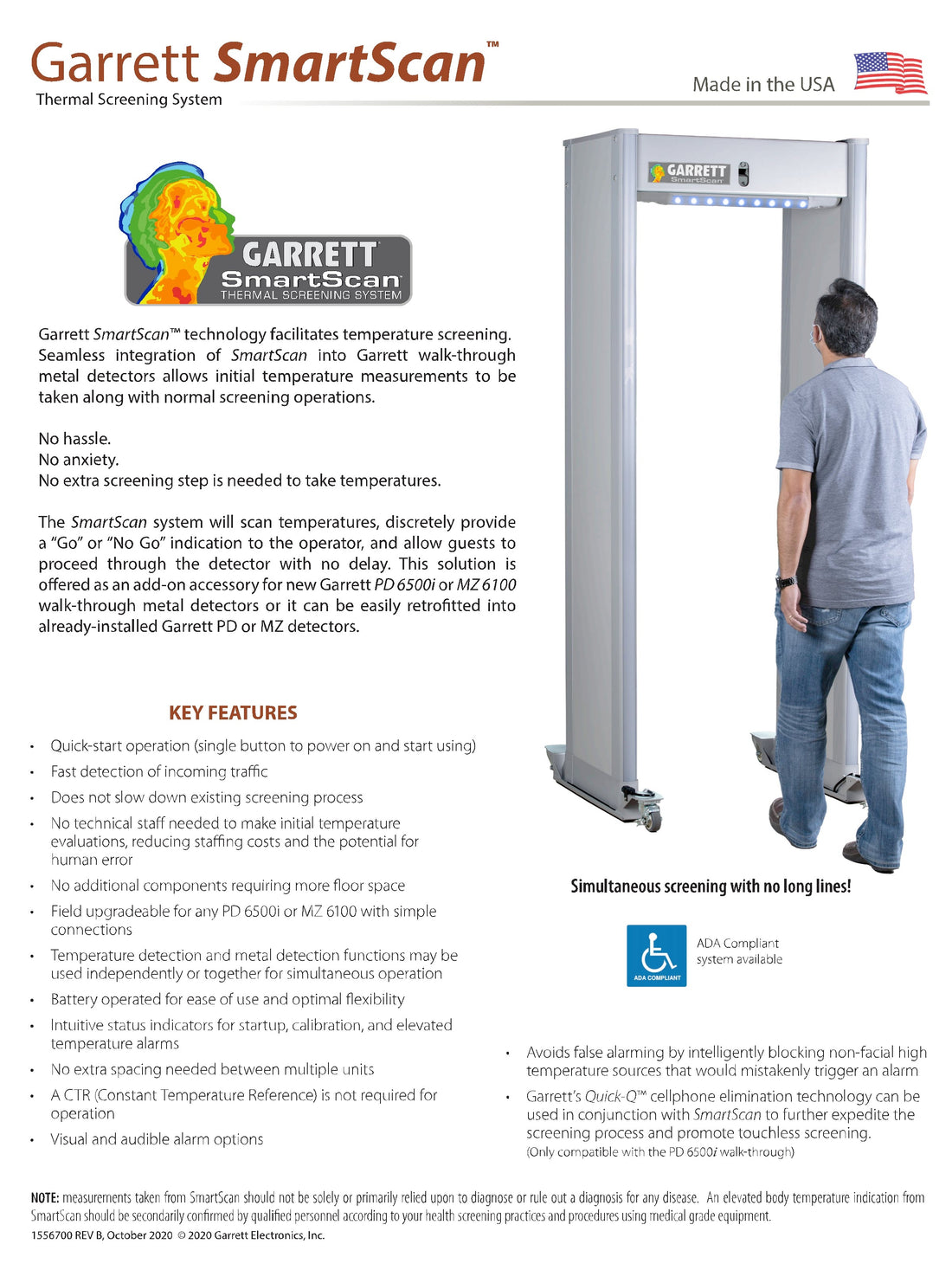 Garrett SmartScan 32.5" ADA Compliant Thermal Screening Add-On for PD 6500i and Multi Zone Specifications A