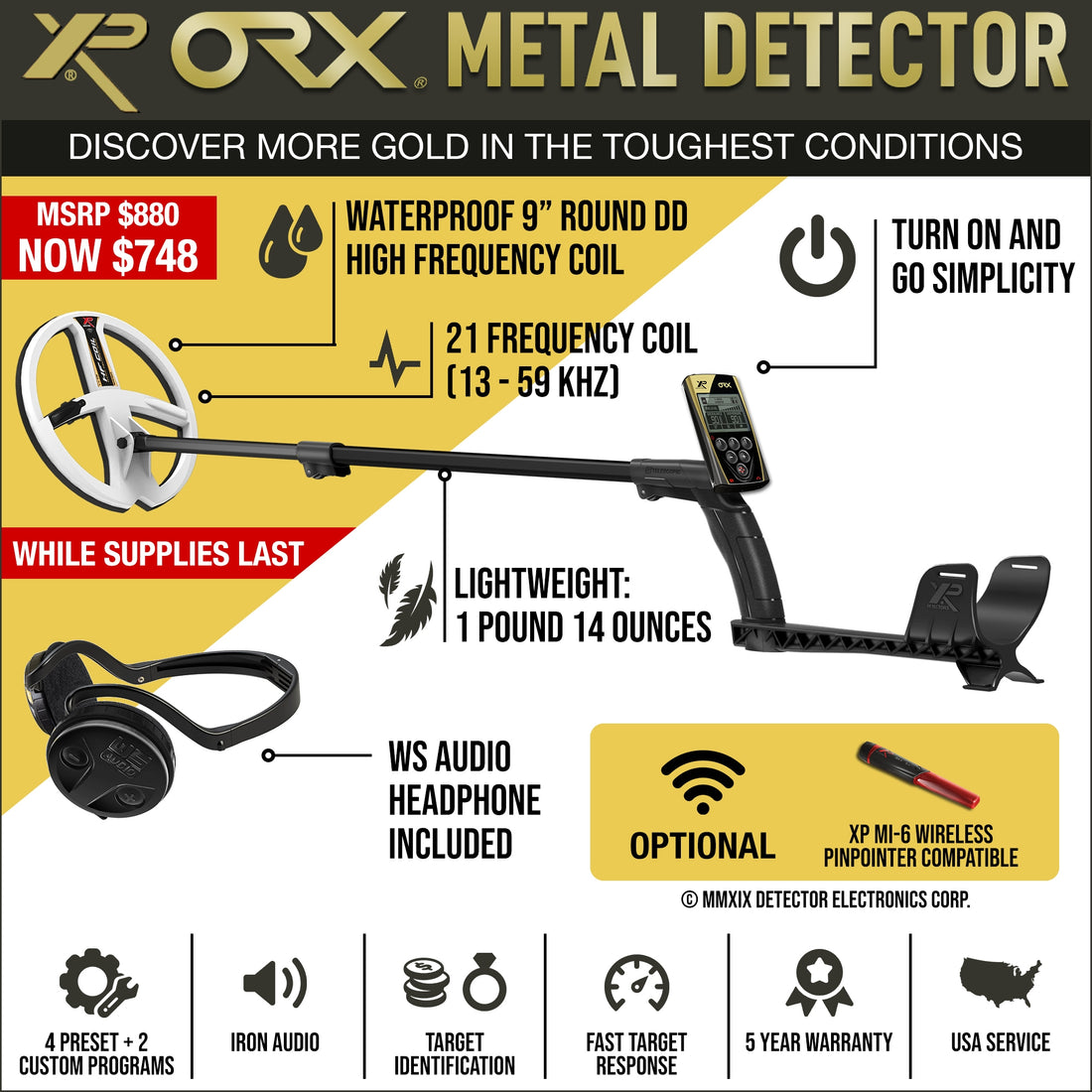 XP ORX Wireless Metal Detector with Back-lit Display + WSAudio Wireless Headphone + 9" Round DD High Frequency Waterproof Coil