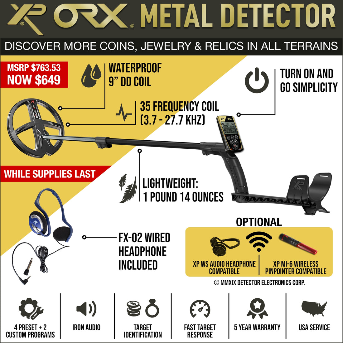 XP ORX Wireless Metal Detector with Back-lit Display + FX-02 Wired Backphone Heaphones + 9" X35 Search Coil