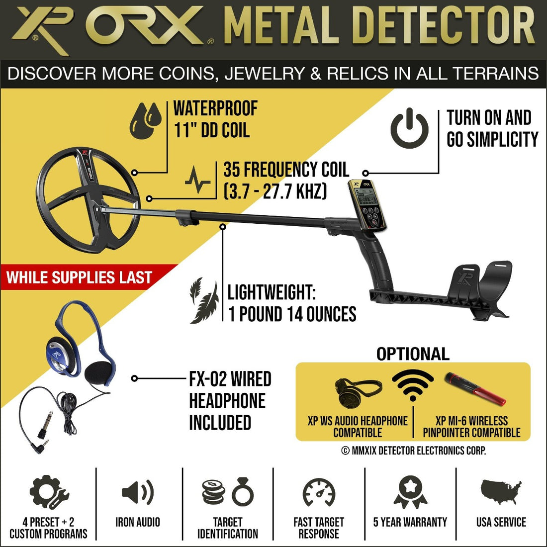 XP ORX Wireless Metal Detector with Back-lit Display + FX-02 Wired Backphone Headphones + 11" X35 Search Coil 