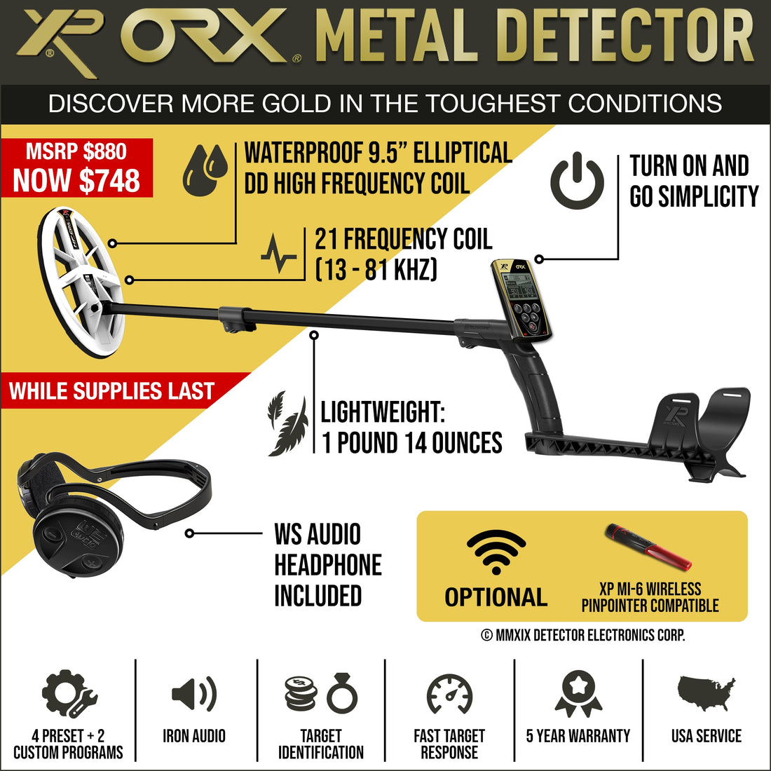 XP ORX Wireless Metal Detector with Back-lit Display + WSAudio Wireless Headphone + 9.5" Elliptical DD High Frequency Waterproof Coil