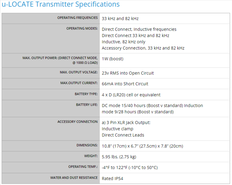 Schonstedt u-LOCATE Transmitter Specifications